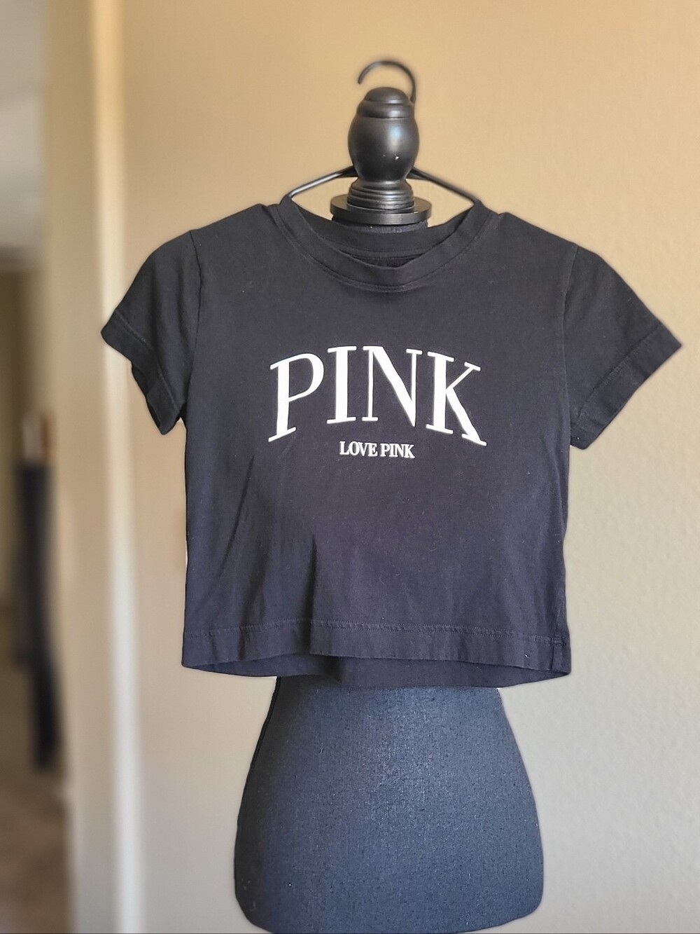 PINK Victoria's Secret Black Cropped Tee with White Logo